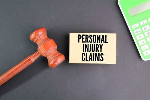 Wooden gavel placed beside a sign that reads “Personal Injury Claims” and a green calculator on a dark surface.