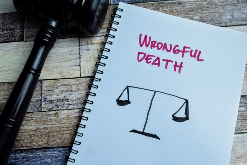 A judge’s gavel resting beside a notebook with the words “Wrongful Death” and a simple drawing of balanced scales on a wooden table.