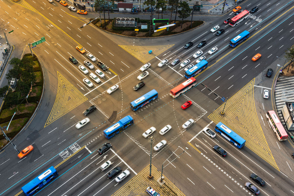 Rush hour traffic zips through an intersection in the Gangnam district of Seoul, South Korea.