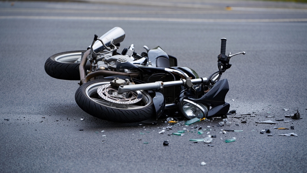 A dramatic motorcycle accident scene, showcasing a fallen bike amidst scattered glass and debris on the road, highlighting the dangers of road safety. 